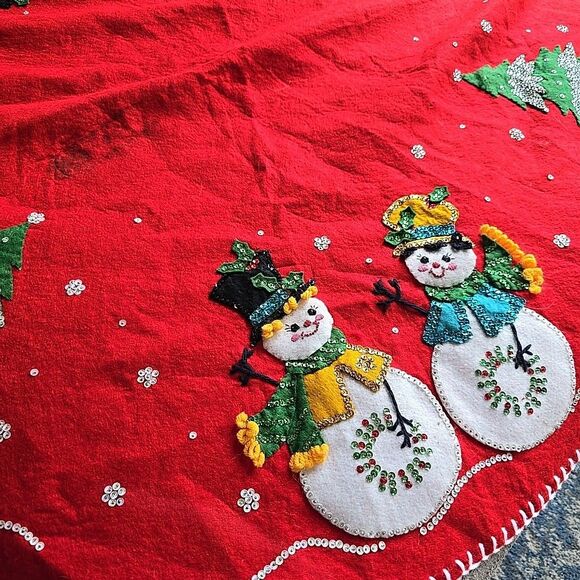 Vtg Bucilla Christmas TREE SKIRT Snowmen hand stitch bead sequin Felt  42" Finis - Picture 4 of 8